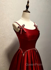 Wine Red Satin Straps Round Neckline Party Dresses, Wine Red Long Evening Prom Dresses