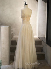 Champagne Tulle Long Evening Prom Dresses, Champagne Tulle Formal Dresses