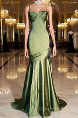 Green Chic Style Long Satin Sweetheart Party Dresses, Green Formal Dresses