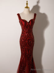 Wine Red Straps Sweetheart Mermaid Long Party Dress, Wine Red Sequins Prom Dress