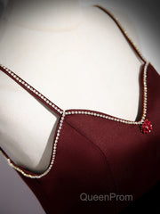 Wine Red Straps Beaded Sweetheart Tulle Formal Dresses, Wine Red A-Line Evening Prom Dresses