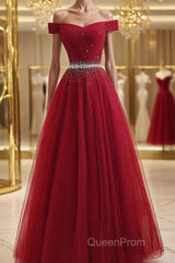 Off Shoulders Red Tulle Floor Length Evening Prom Dresses