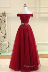 Off Shoulders Red Tulle Floor Length Evening Prom Dresses