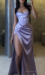 Mermaid Spaghetti Straps Floor Length Prom Dress With Slit 21st Birthday Outfit