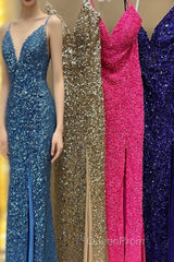 Mermaid Purple Sequin Long Evening Prom Dresses with Slit