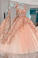 Princess Sparkly Sweetheart Evening Prom Dresses with 3d Flowers, Pink Quinceanera Dresses