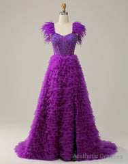 Purple A-Line Ruffle Glitter Long Prom Dress With Split