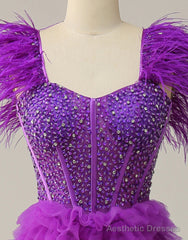 Purple A-Line Ruffle Glitter Long Prom Dress With Split