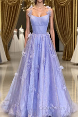 Purple Spaghetti Straps Long A line Evening Prom Gown Handmade Flower Evening Dresses