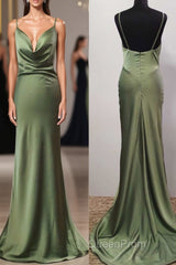Olive Green Cowl Neck Trump Long Evening Prom Dresses