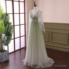 Beautiful Gradient Tulle Green Beaded Long Sleeves Party Dress, Green Formal Dress