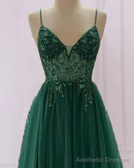 Emerald Green Tulle Prom Dress Beaded V Neck