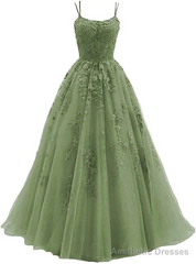 Green Lace Applique Tulle Long Straps Cross Back Long Party Dress, Green Junior Prom Dress