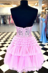 Strapless Sheer Lace Corset Homecoming Dresses with Ruffle Tulle Skirt