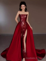 Sexy Mermaid Strapless Sleeveless Party Dress Red Long Prom Dress