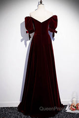Modest Burgundy Long Evening Prom Dresses with Short Sleeves Vintage Evening Gown
