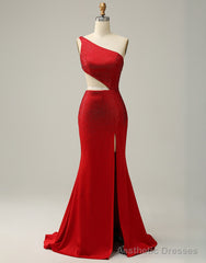 Red Mermaid One Shoulder Long Glitter Prom Dress With Split