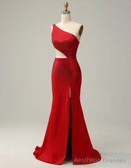 Red Mermaid One Shoulder Long Glitter Prom Dress With Split
