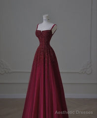 Retro A line Straps Sequin Burgundy Long Party Dress Prom Dresses