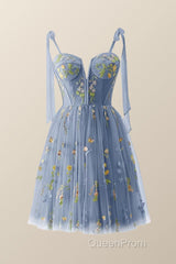 Green Floral Tulle A-line Short Dresses with Tie Shoulders