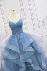 Shiny Blue Tulle A-Line Spaghetti Straps Long Evening Prom Dresses