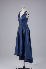 A Line Formal Satin V Neck High-Low Evening Prom Dresses
