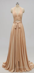 Elegant A-Line Sexy V Neck Gold Long Modest Side-Slit Bridesmaid Dresses