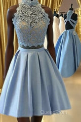 Halter Lace Blue Homecoming Dresses