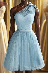 One Shoulder Blue Homecoming Dresses With Bowknot