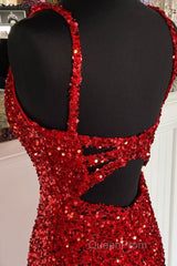 Sheath Spaghetti Straps Red Sequins Evening Prom Dresses with Split Front