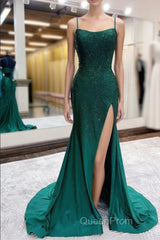 Mermaid Spaghettti Straps Dark Green Sequins Long Evening Prom Dresses with Split Front