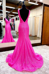 Hot Pink Mermaid Evening Prom Dresses With Wateau Train