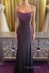 Dark Purple Lace-Up Back Mermaid Evening Prom Dresses with Beading