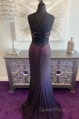 Dark Purple Lace-Up Back Mermaid Evening Prom Dresses with Beading