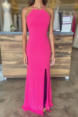 Sheath Halter Hot Pink Long Evening Prom Dresses with Silt