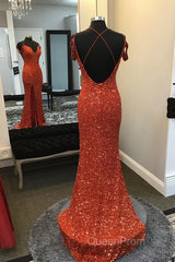 Orange Sparkly Spaghetti Straps Sequins Long Evening Prom Dresses with Slit