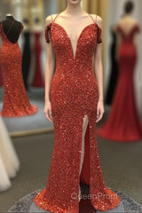 Orange Sparkly Spaghetti Straps Sequins Long Evening Prom Dresses with Slit