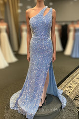 Light Blue One Shoulder Cut-Out Mermaid Long Evening Prom Dresses with Fringes