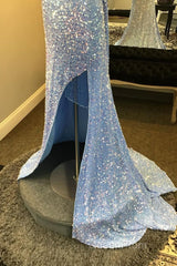 Light Blue One Shoulder Cut-Out Mermaid Long Evening Prom Dresses with Fringes