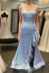 Plus Size Light Blue Sweetheart Mermaid Sequins Long Evening Prom Dresses with Feathers