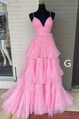 Sparkly Spaghetti Straps Tiered Tulle Evening Prom Dresses, New Long Party Gown