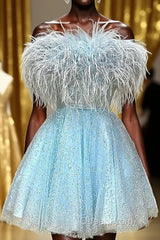 Light Blue A-Line Strapless Homecoming Dresses with Feathers