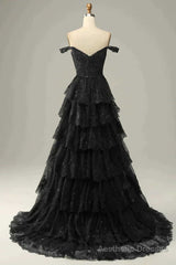 Sparkly Black Off The Shoulder Long Tiered Corset Prom Dress With Sequin