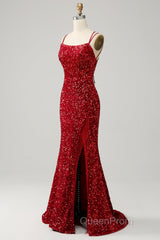 Red Sparkly Mermaid Backless Long Evening Prom Dresses with Fringes
