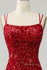 Red Sparkly Mermaid Backless Long Evening Prom Dresses with Fringes