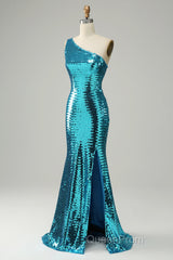 Sparkly Blue Sequins One Shoulder Long Evening Prom Dresses with Slit
