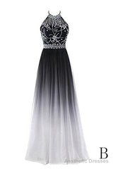 Classy Black And White Halter Lace Up Long Beaded Prom Dress