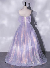 A Charming Sequin Lavender A-Line Sheer Strapless Dance Dresses, Lavender Princess Off The Shoulder Sleeveless Sheer Evening Dresses