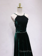 A-Line Backless Green Velvet Long Evening Prom Dresses, Green Evening Dresses