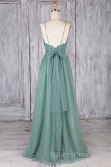 A Line Backless Lace Green Long Evening Prom Dresses, Backless Green Lace Formal Graduation Evening Dresses
